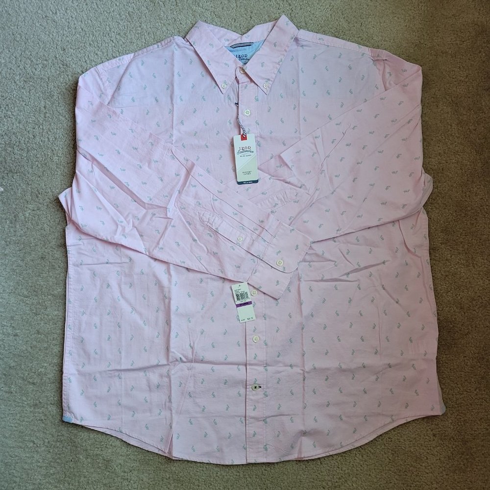 IZOD Saltwater Men's Pelican Print Oxford Shirt - Fairy Tale Pink 2XL Big NWT